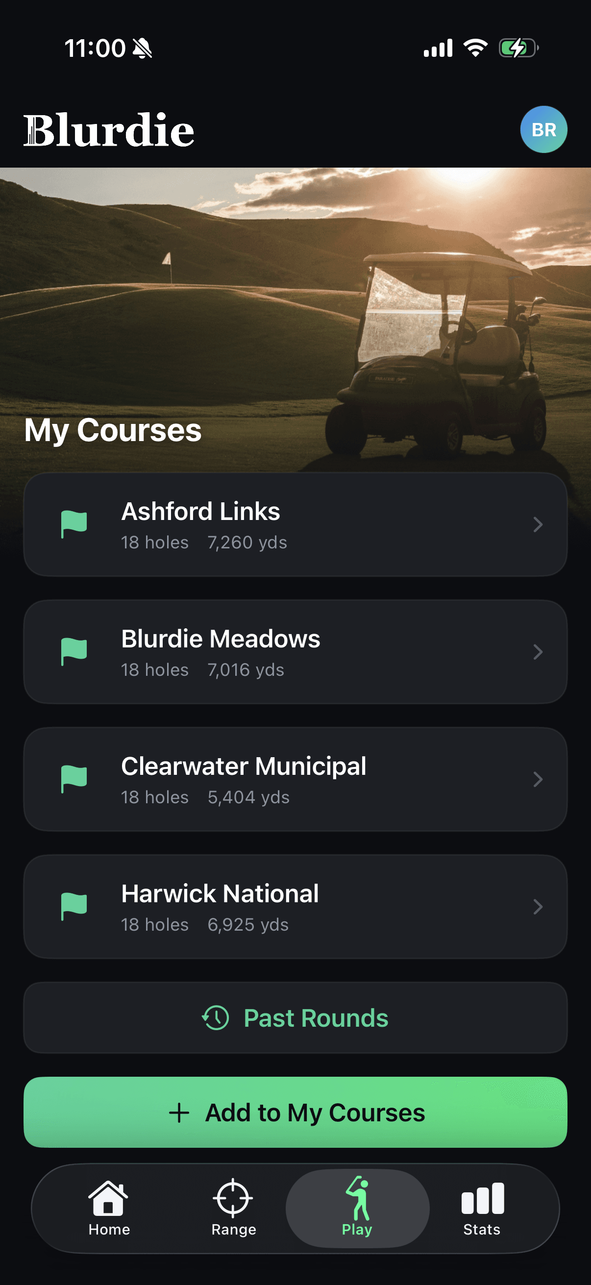 A My Courses list with four saved courses, each showing hole count and total yardage.