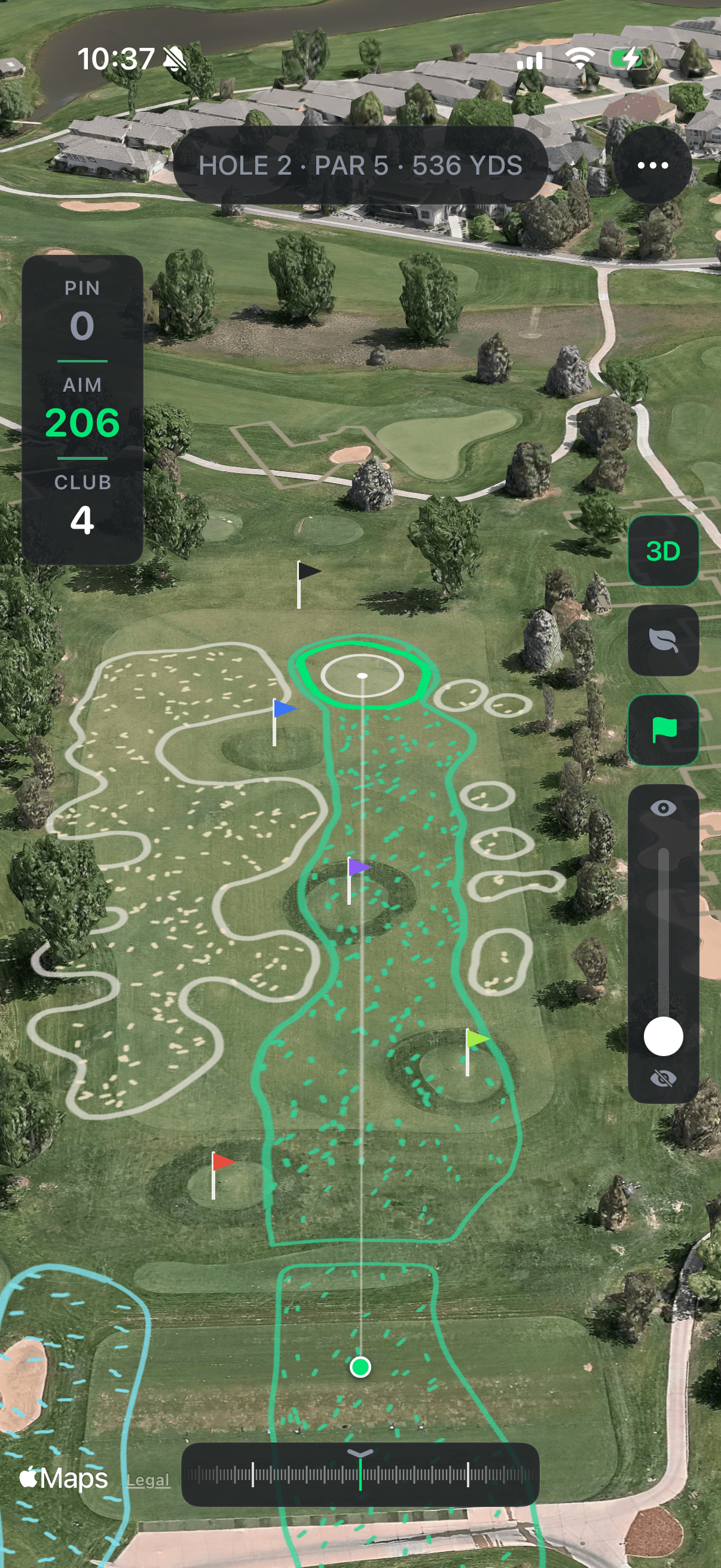 A Par 5 hole projected onto a driving range, with the course geometry overlaid in green and a pin yardage card.