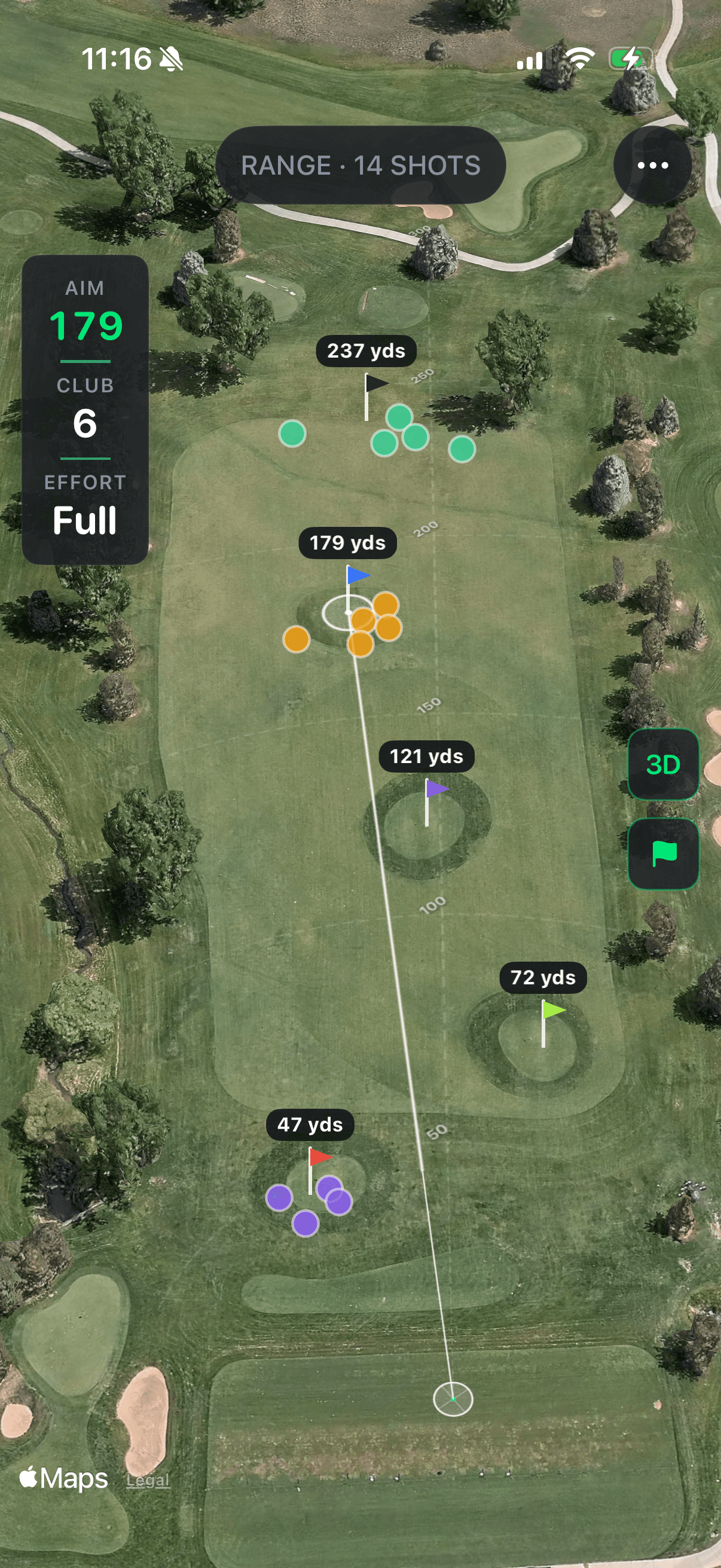 Range view showing 14 shots clustered around four pin positions with dispersion dots colored by club.