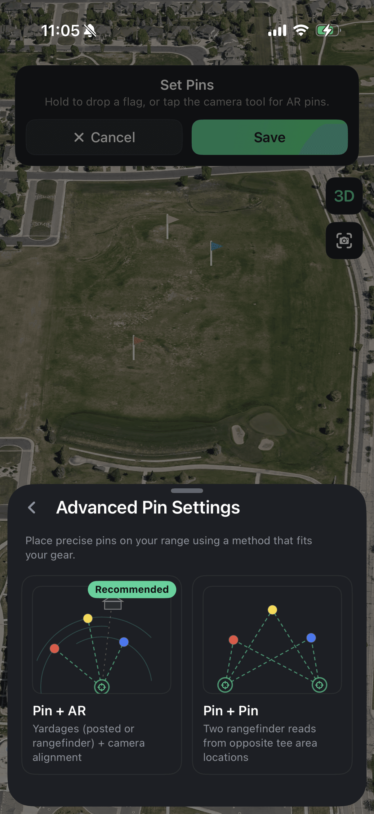 Set Pins screen with an Advanced Pin Settings panel showing two alignment methods: Pin + AR and Pin + Pin.