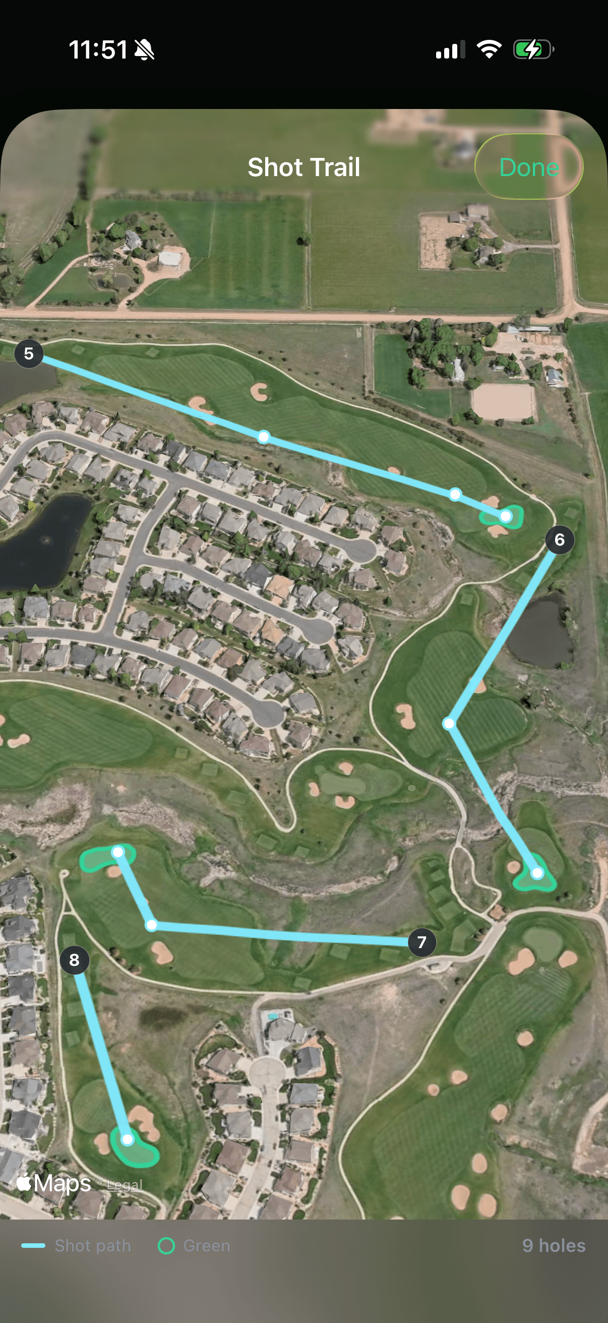 A Shot Trail view showing four consecutive holes connected by a shot path drawn over a satellite aerial of the course.