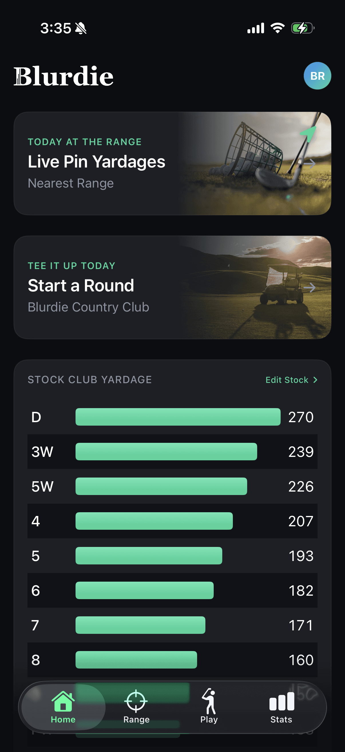 Stock club yardages by club, sorted from driver down through the irons.