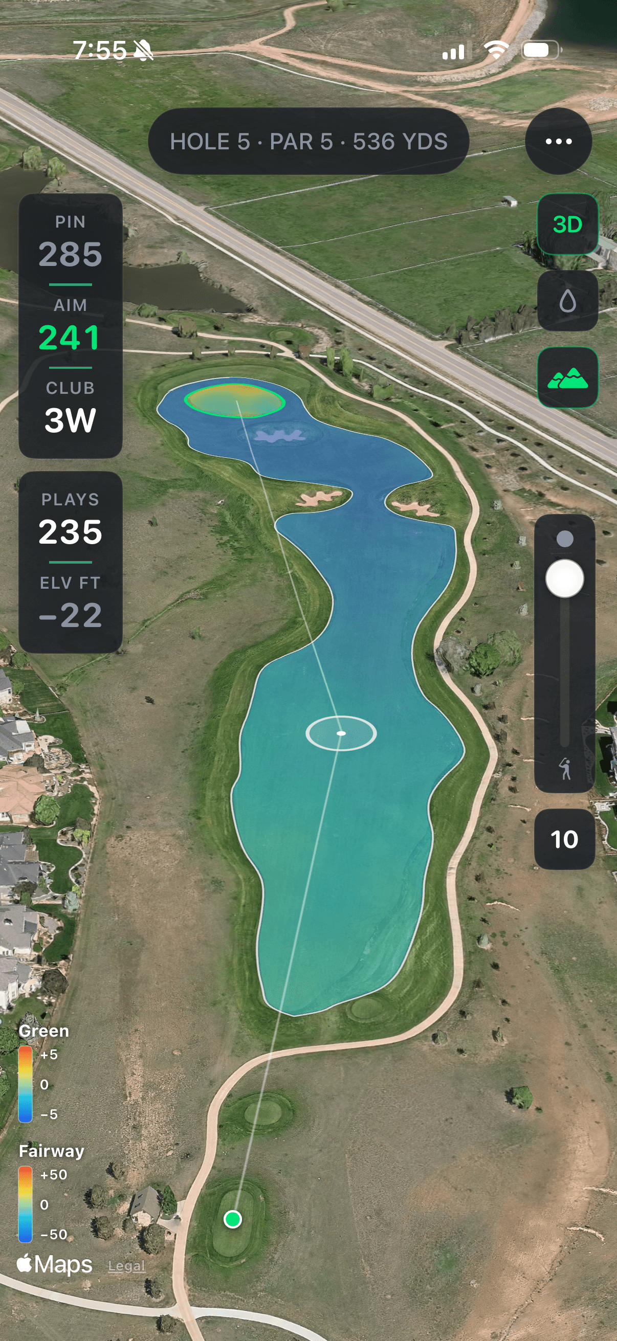 A Par 5 hole walked at GPS scale, with pin and aim yardages, club selection, plays-yardage, elevation delta, and a green/fairway elevation legend.